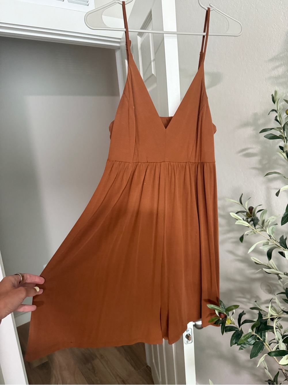 Rust Brown Spaghetti Strap V-Neck Romper